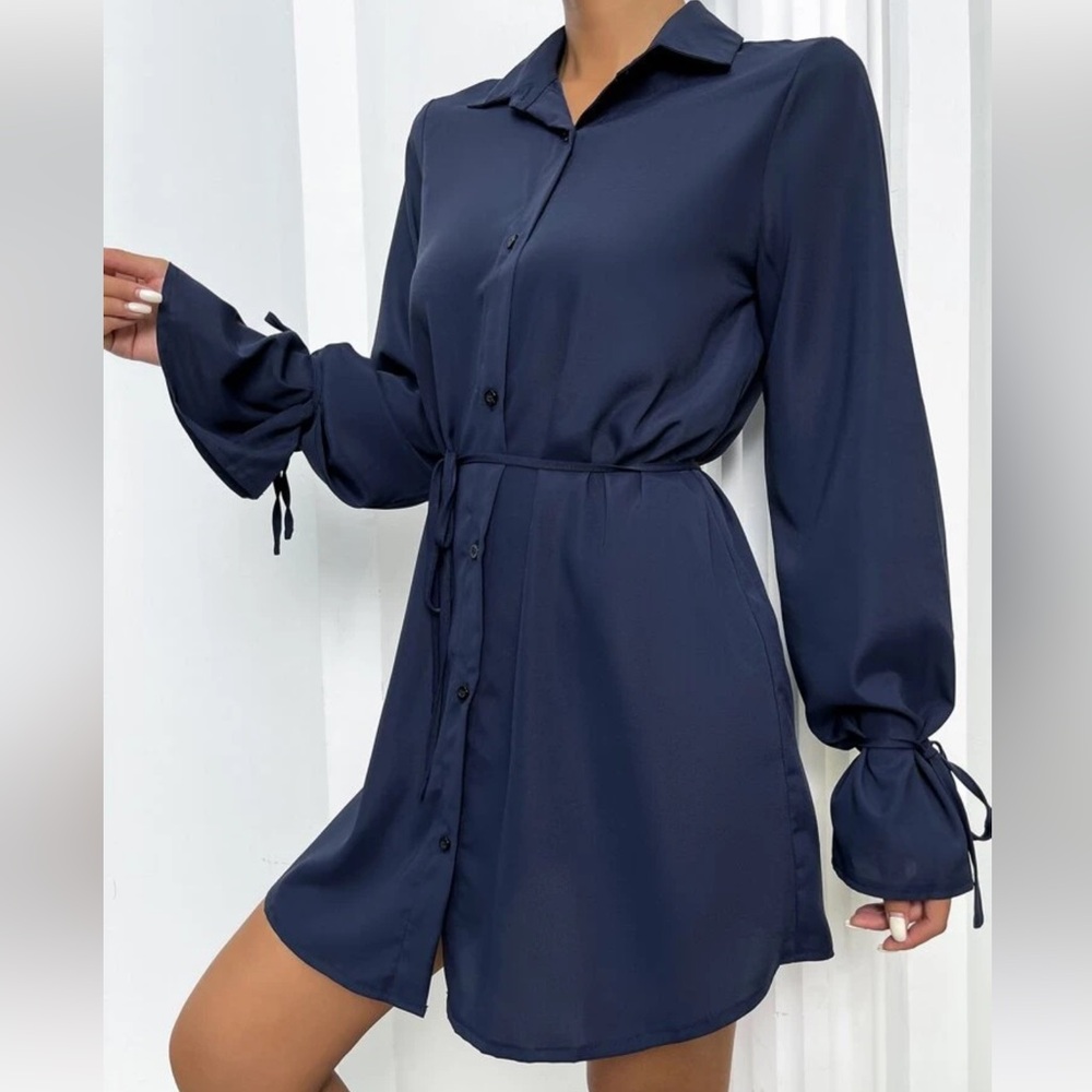 SHEIN BLACK knot cuff belted shirt dress NWOT
